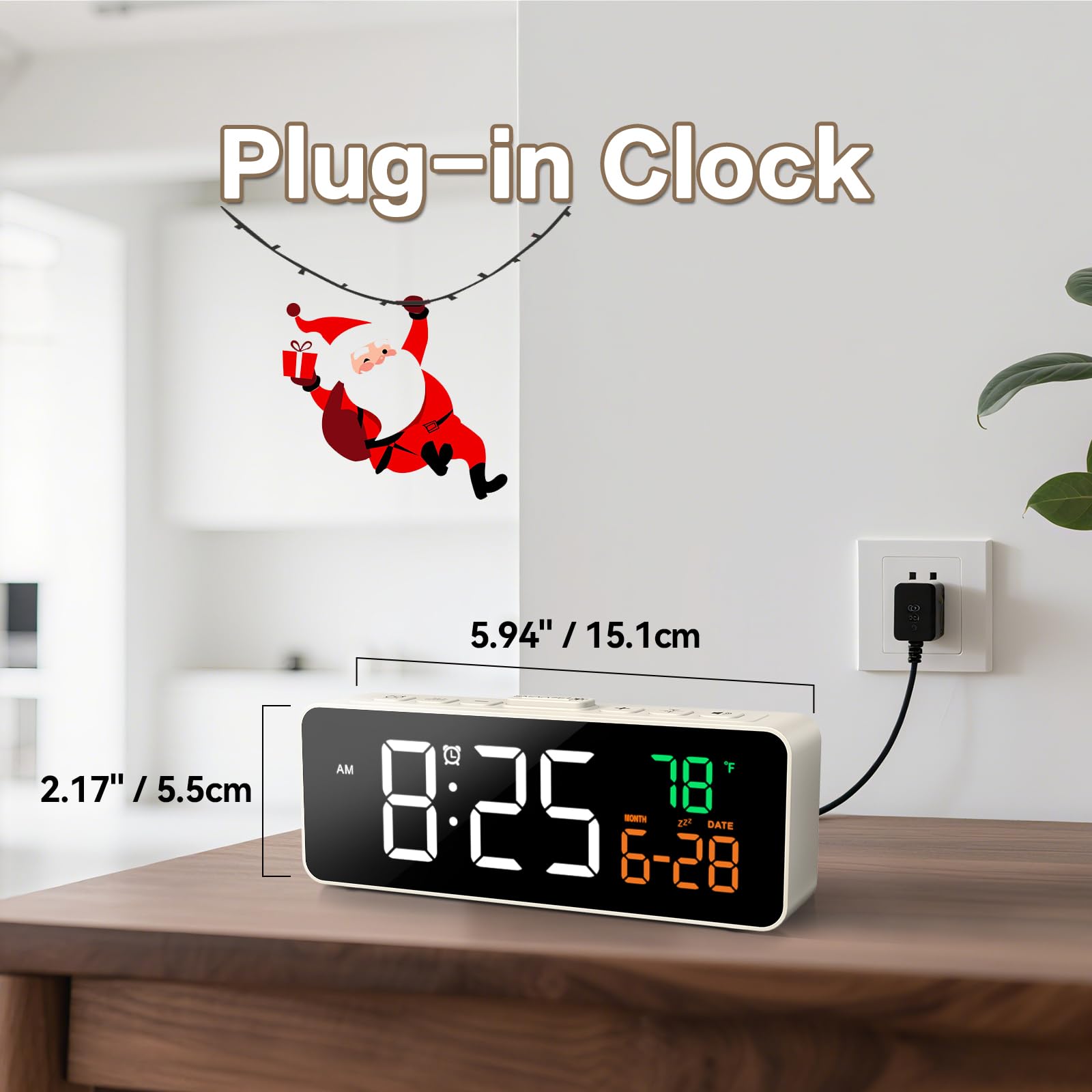 Netzu 3-in-1 Digital Clocks for Living Room with Temperature, Date & Time Display - 4 Levels Birghtness, 3 Volumes, Small & Compact Plug-in Alarm Clock for Bedroom, Office (Black)