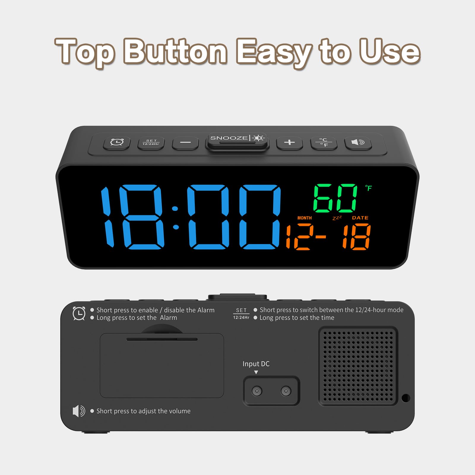 Netzu 3-in-1 Digital Clocks for Living Room with Temperature, Date & Time Display - 4 Levels Birghtness, 3 Volumes, Small & Compact Plug-in Alarm Clock for Bedroom, Office (Black)