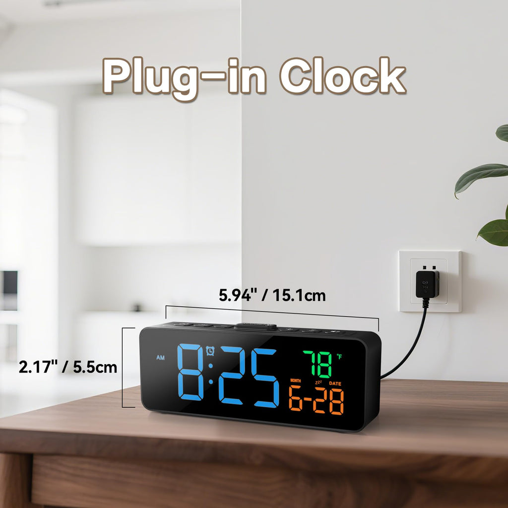 Netzu 3-in-1 Digital Clocks for Living Room with Temperature, Date & Time Display - 4 Levels Birghtness, 3 Volumes, Small & Compact Plug-in Alarm Clock for Bedroom, Office (Black)