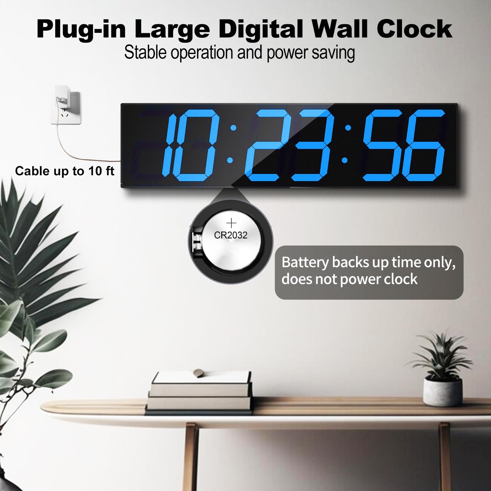 CHKOSDA Digital Wall Clock, Oversize Led Digital Clock Large Display with Auto Dimmer, Huge Countdown Timer with Remote Control, 27" Wide Display, 6 Digits, Wall Mount, Date and Temperature(Ice Blue)