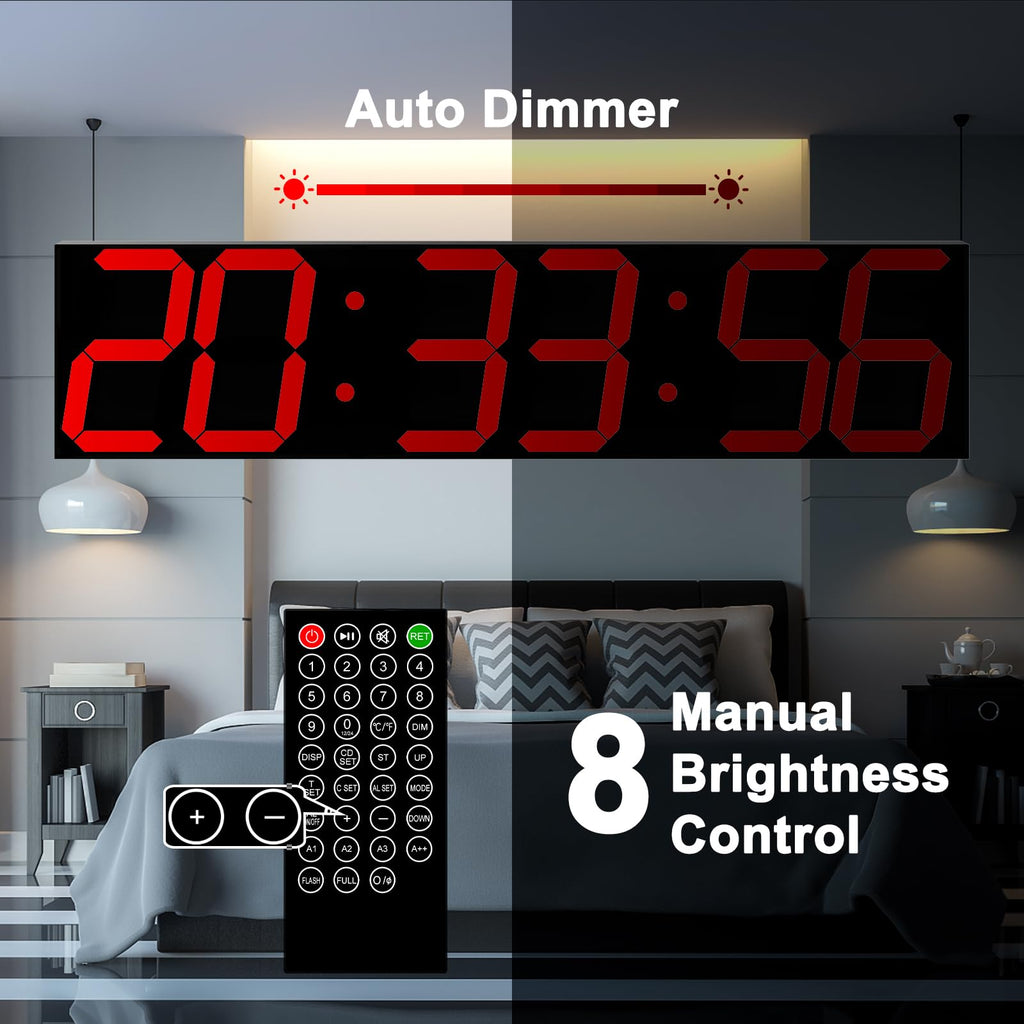 CHKOSDA Digital Wall Clock, Oversize Led Digital Clock Large Display with Auto Dimmer, Huge Countdown Timer with Remote Control, 27" Wide Display, 6 Digits, Wall Mount, Date and Temperature(Ice Blue)