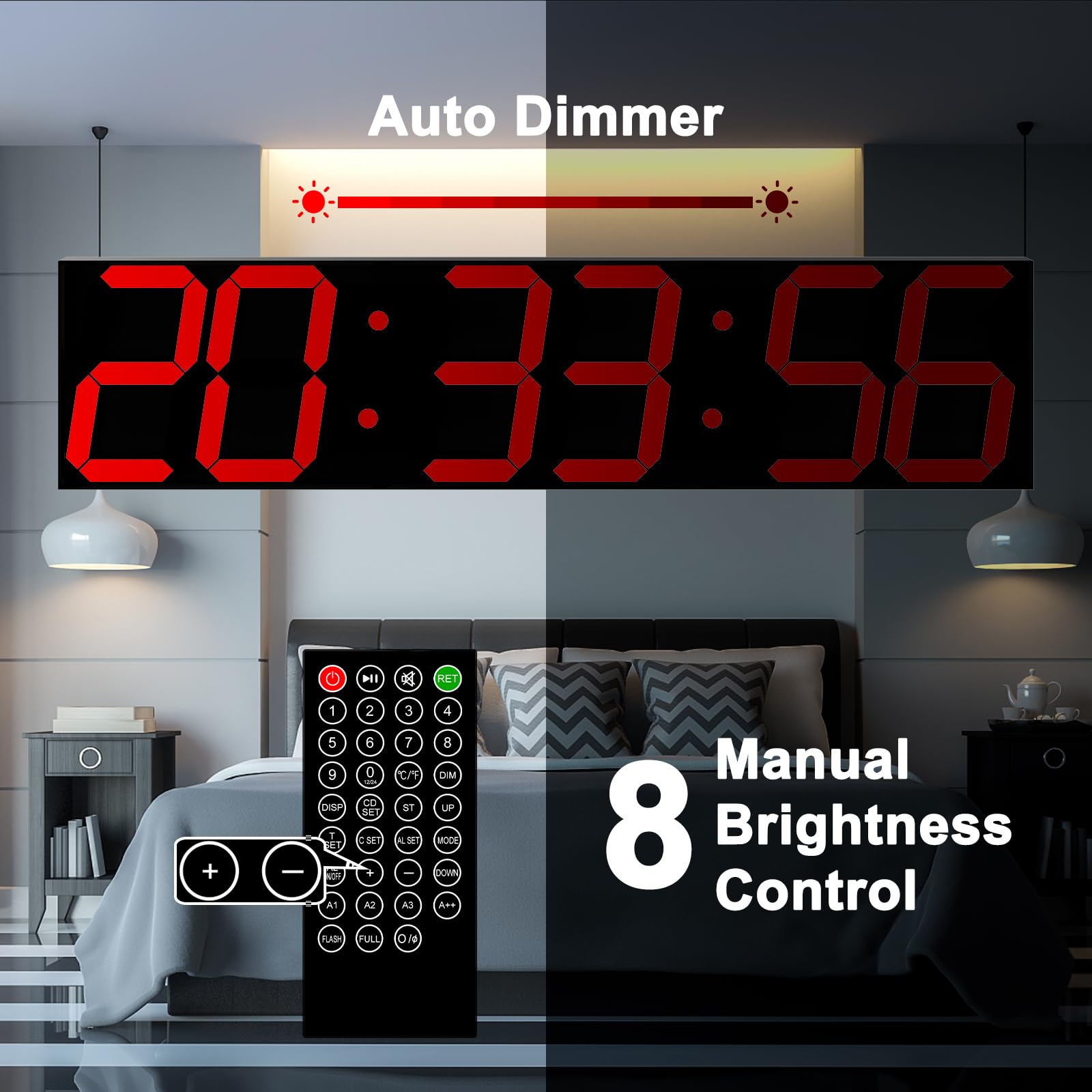 CHKOSDA Digital Wall Clock, Oversize Led Digital Clock Large Display with Auto Dimmer, Huge Countdown Timer with Remote Control, 27" Wide Display, 6 Digits, Wall Mount, Date and Temperature(Ice Blue)