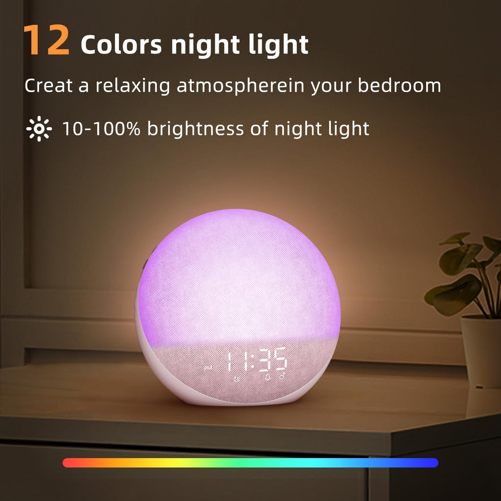 Sunrise Alarm Clock White Noise Machine: Natural Wake Up Light - Dimmable Clock with Bluetooth Speaker for Bedroom - 25 Sleep Sounds for Baby Adults Kids Putty
