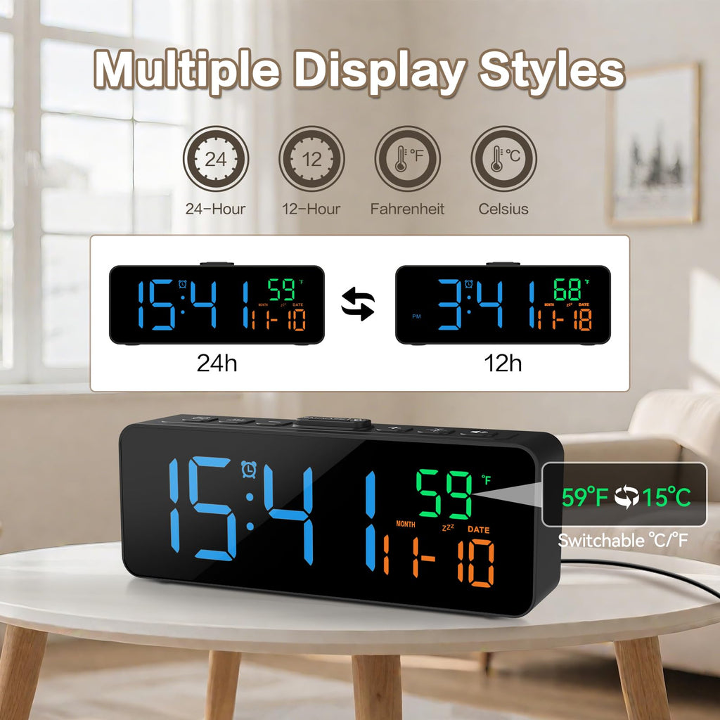 Netzu 3-in-1 Digital Clocks for Living Room with Temperature, Date & Time Display - 4 Levels Birghtness, 3 Volumes, Small & Compact Plug-in Alarm Clock for Bedroom, Office (Black)