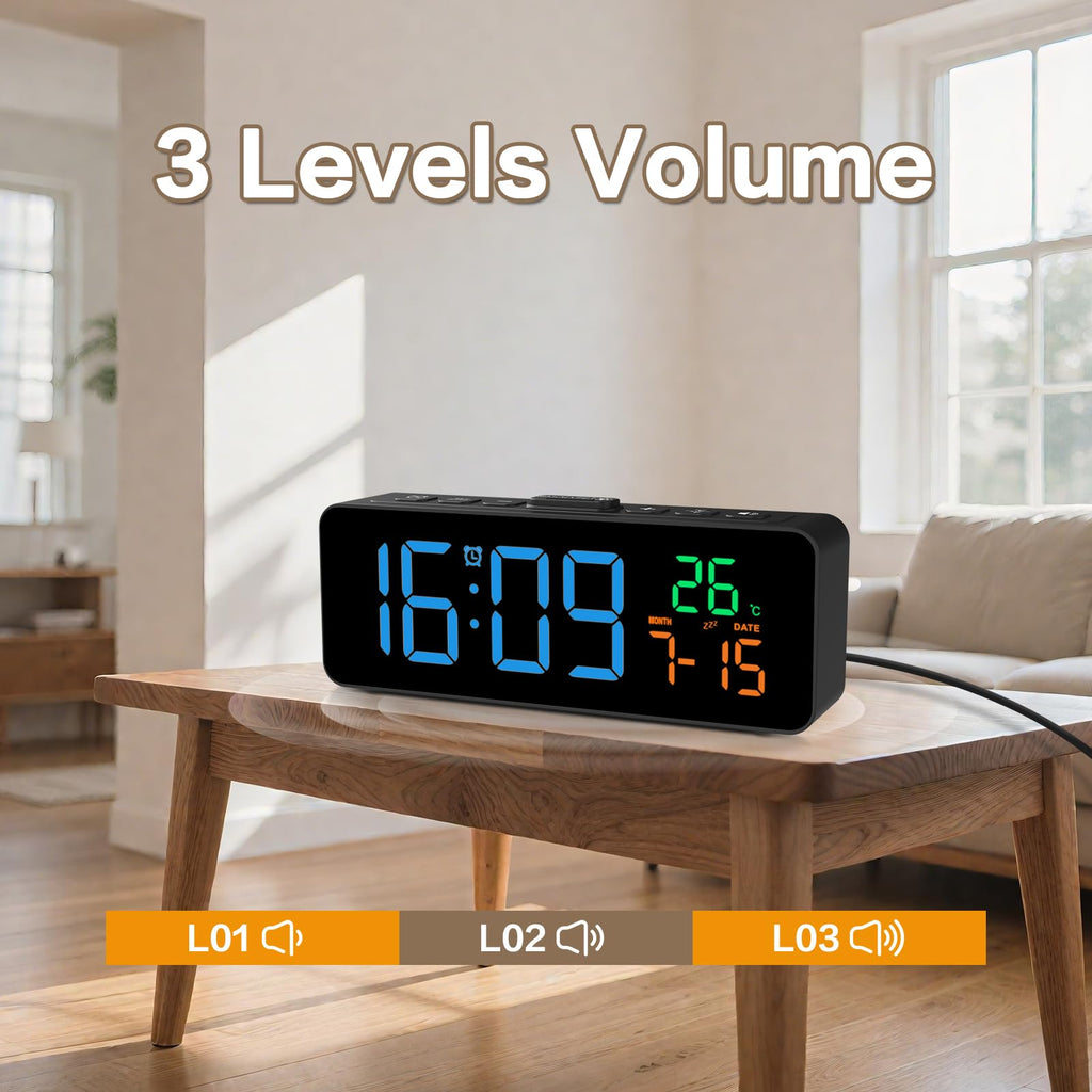 Netzu 3-in-1 Digital Clocks for Living Room with Temperature, Date & Time Display - 4 Levels Birghtness, 3 Volumes, Small & Compact Plug-in Alarm Clock for Bedroom, Office (Black)