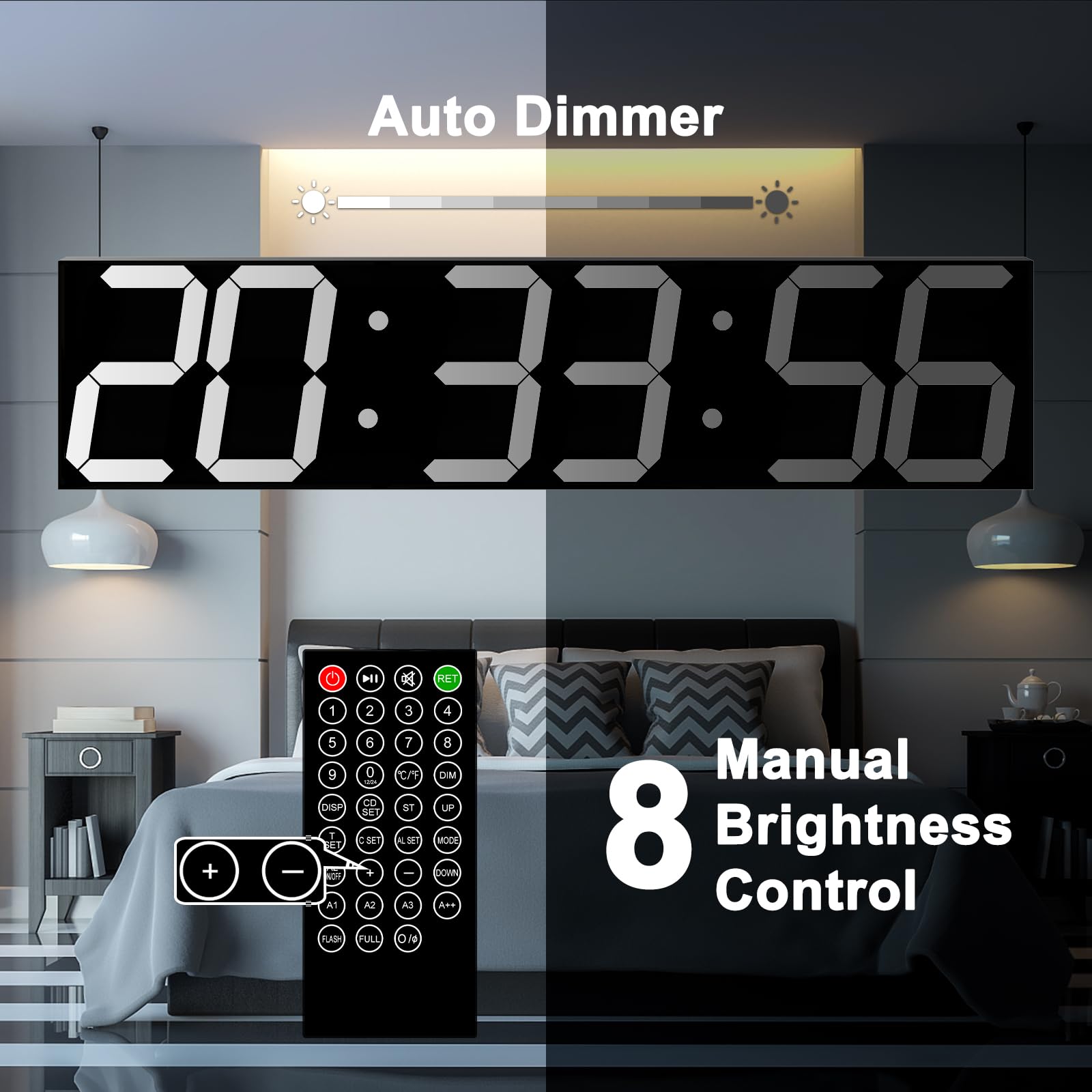 CHKOSDA Digital Wall Clock, Oversize Led Digital Clock Large Display with Auto Dimmer, Huge Countdown Timer with Remote Control, 27" Wide Display, 6 Digits, Wall Mount, Date and Temperature(Ice Blue)