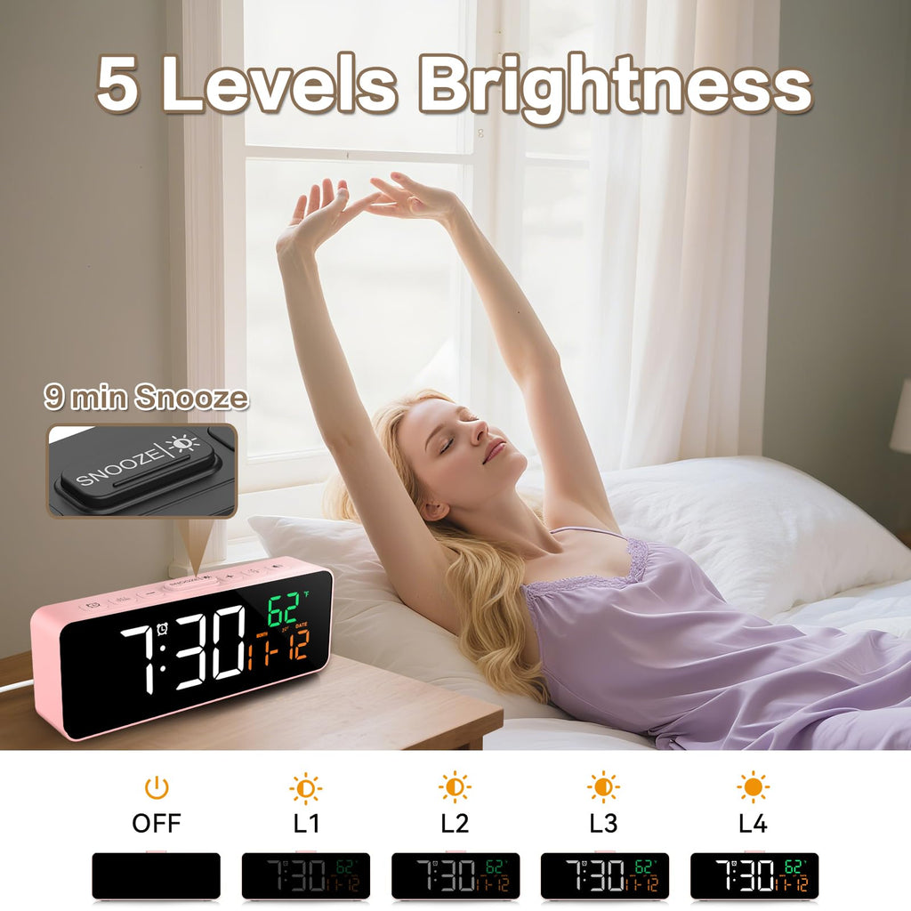 Netzu 3-in-1 Digital Clocks for Living Room with Temperature, Date & Time Display - 4 Levels Birghtness, 3 Volumes, Small & Compact Plug-in Alarm Clock for Bedroom, Office (Black)
