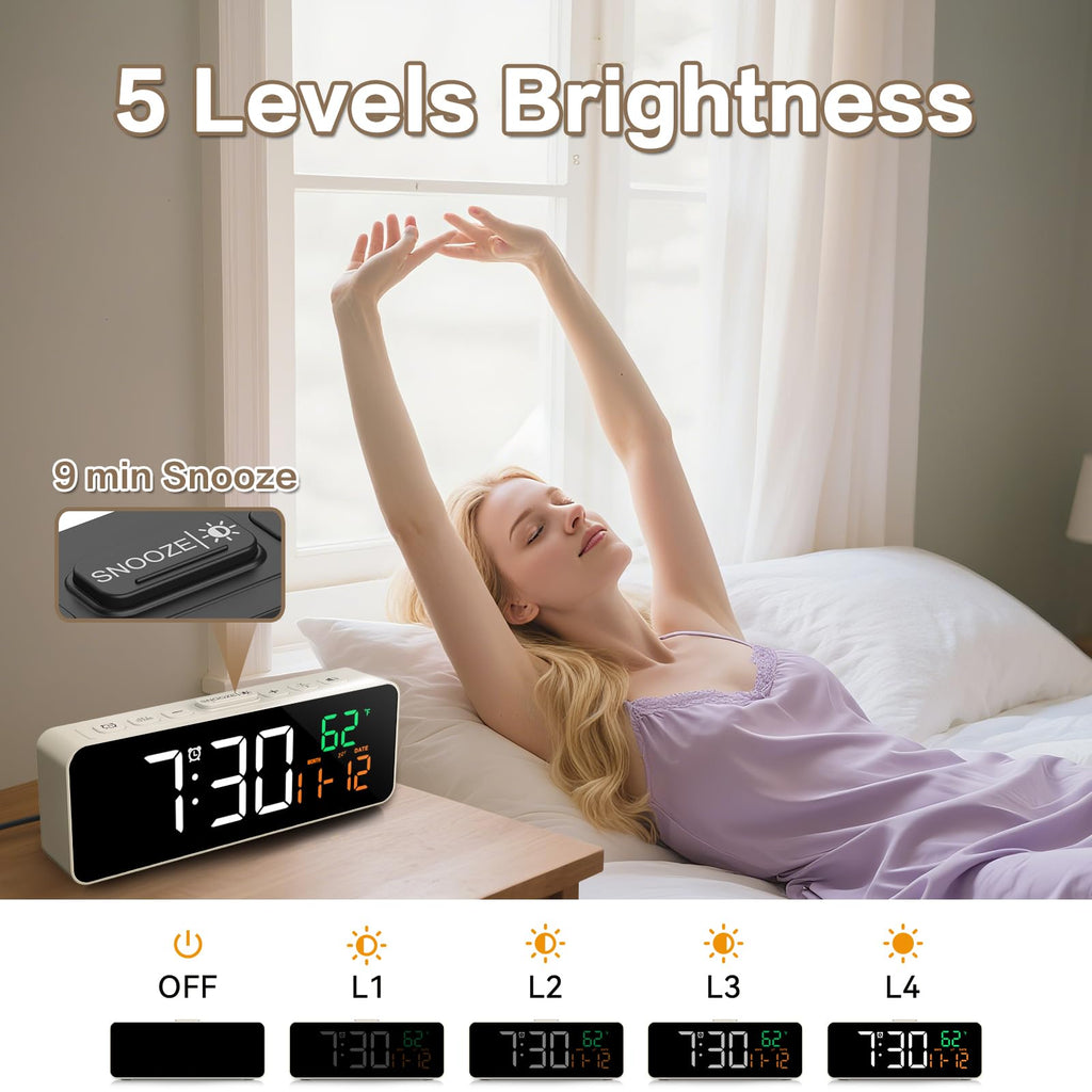 Netzu 3-in-1 Digital Clocks for Living Room with Temperature, Date & Time Display - 4 Levels Birghtness, 3 Volumes, Small & Compact Plug-in Alarm Clock for Bedroom, Office (Black)