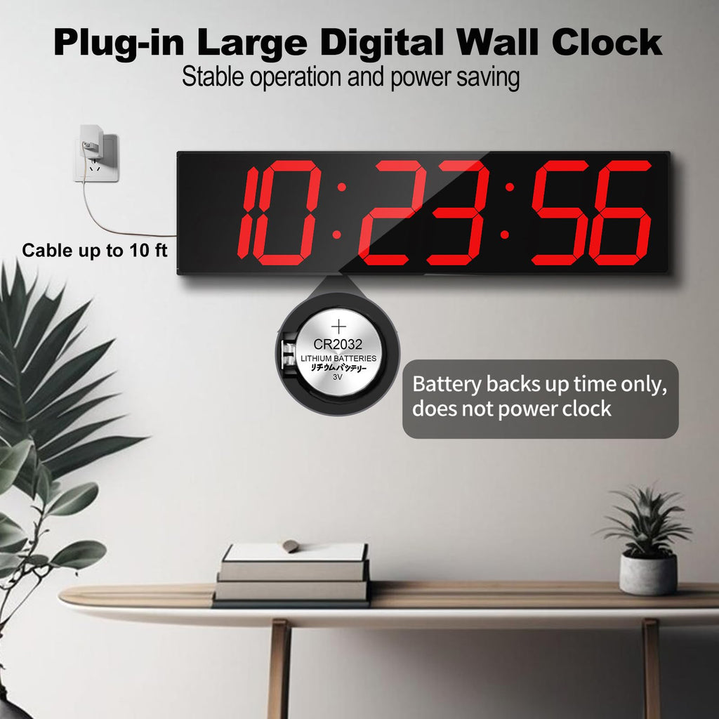 CHKOSDA Digital Wall Clock, Oversize Led Digital Clock Large Display with Auto Dimmer, Huge Countdown Timer with Remote Control, 27" Wide Display, 6 Digits, Wall Mount, Date and Temperature(Ice Blue)
