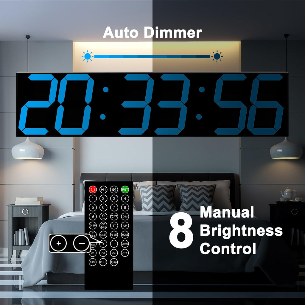CHKOSDA Digital Wall Clock, Oversize Led Digital Clock Large Display with Auto Dimmer, Huge Countdown Timer with Remote Control, 27" Wide Display, 6 Digits, Wall Mount, Date and Temperature(Ice Blue)