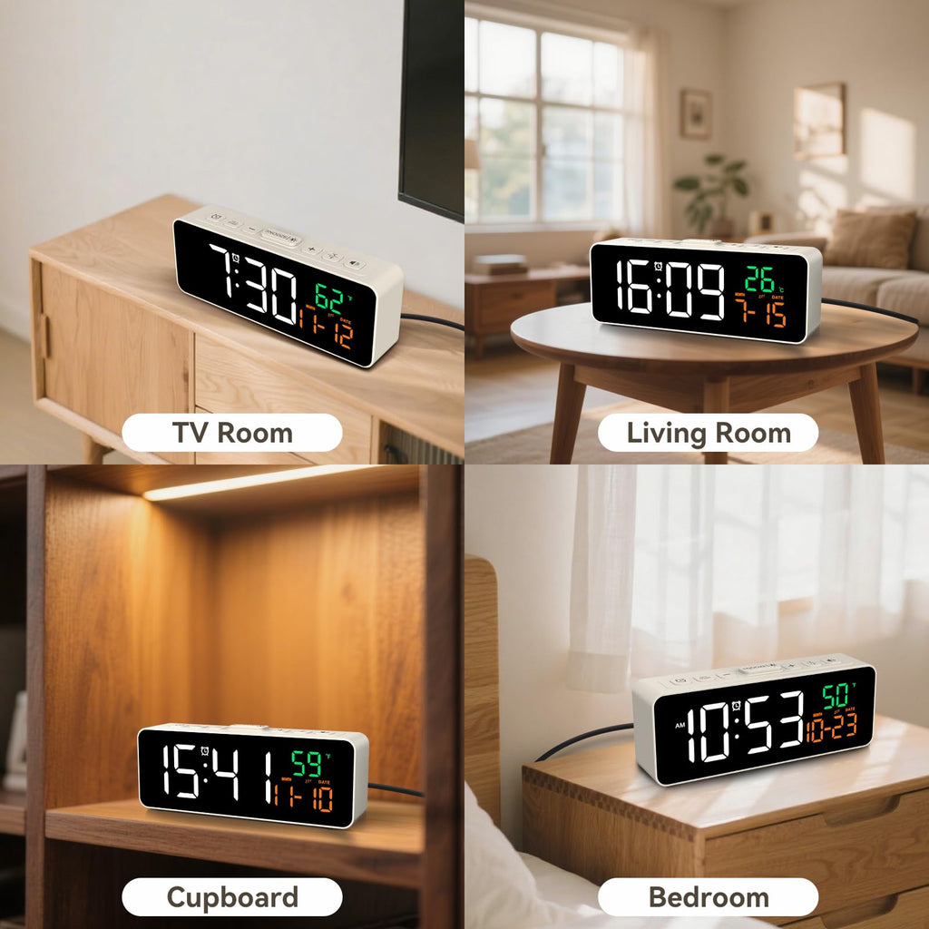 Netzu 3-in-1 Digital Clocks for Living Room with Temperature, Date & Time Display - 4 Levels Birghtness, 3 Volumes, Small & Compact Plug-in Alarm Clock for Bedroom, Office (Black)