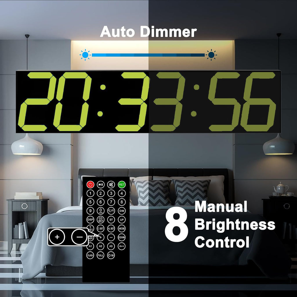 CHKOSDA Digital Wall Clock, Oversize Led Digital Clock Large Display with Auto Dimmer, Huge Countdown Timer with Remote Control, 27" Wide Display, 6 Digits, Wall Mount, Date and Temperature(Ice Blue)
