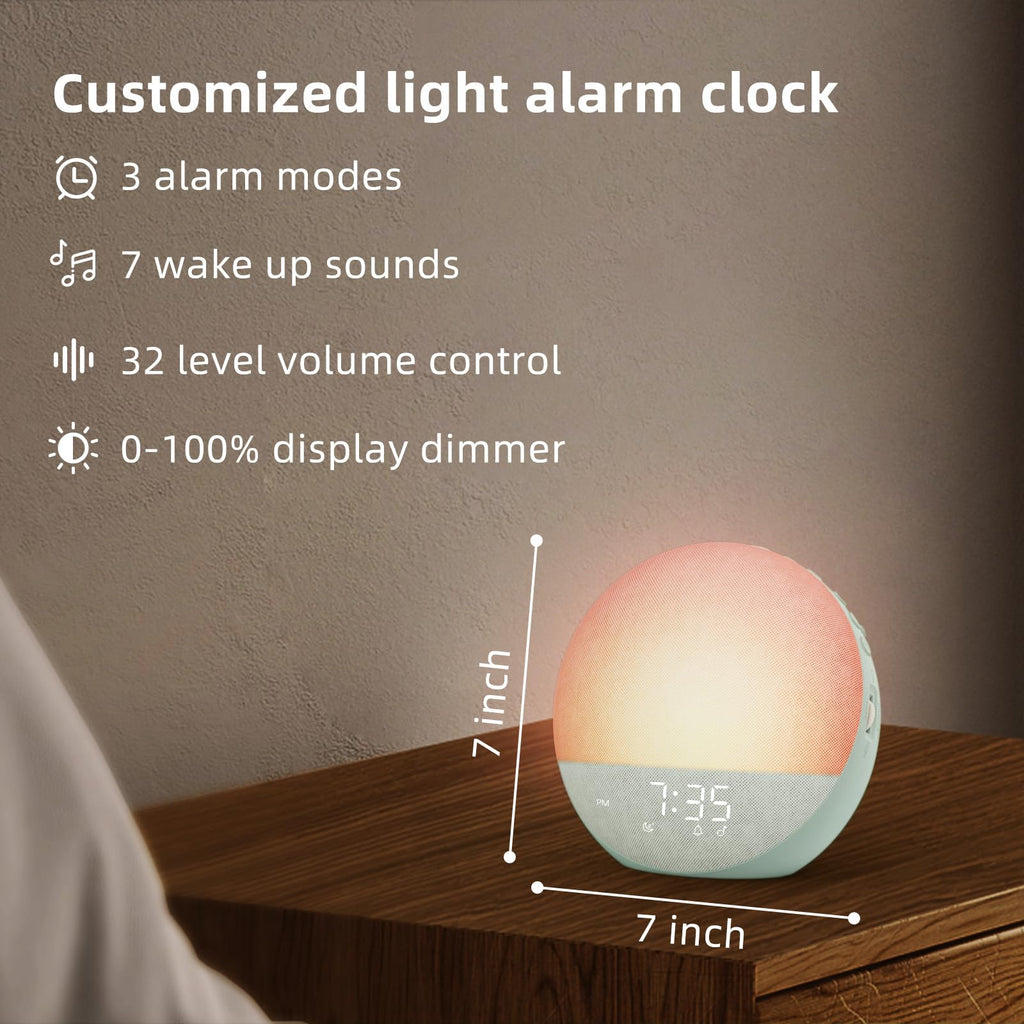 Sunrise Alarm Clock White Noise Machine: Natural Wake Up Light - Dimmable Clock with Bluetooth Speaker for Bedroom - 25 Sleep Sounds for Baby Adults Kids Putty
