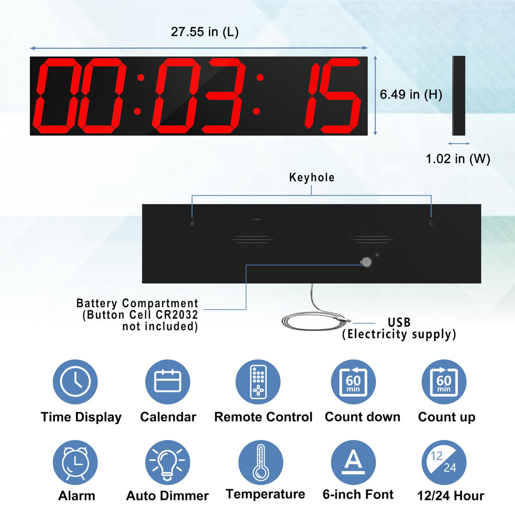 CHKOSDA Digital Wall Clock, Oversize Led Digital Clock Large Display with Auto Dimmer, Huge Countdown Timer with Remote Control, 27" Wide Display, 6 Digits, Wall Mount, Date and Temperature(Ice Blue)
