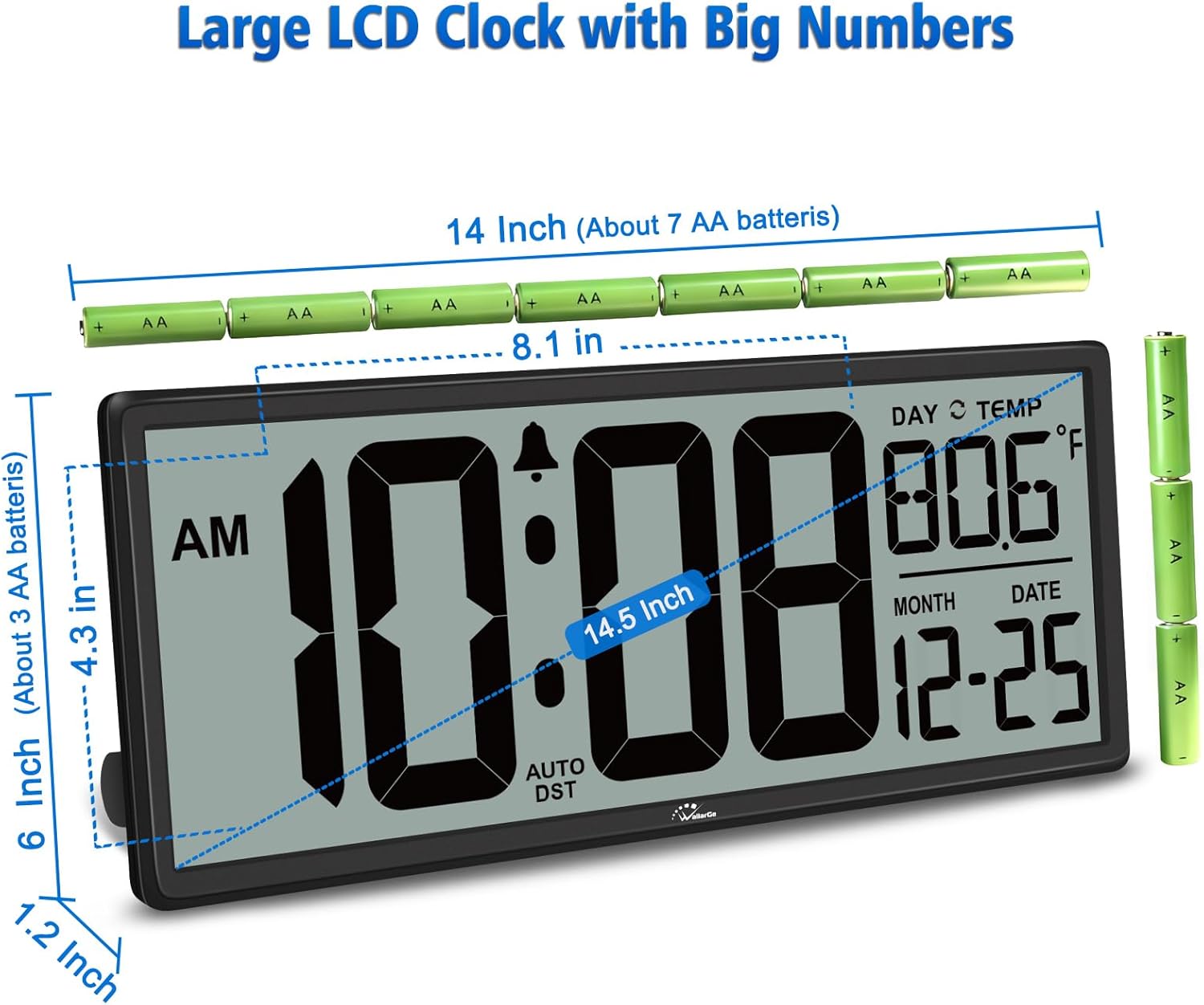 WallarGe 14.5'' Large Digital Wall Clock Battery Operated with Jumbo Numbers, Temperature and Date - Easy to Read and Set, Auto DST