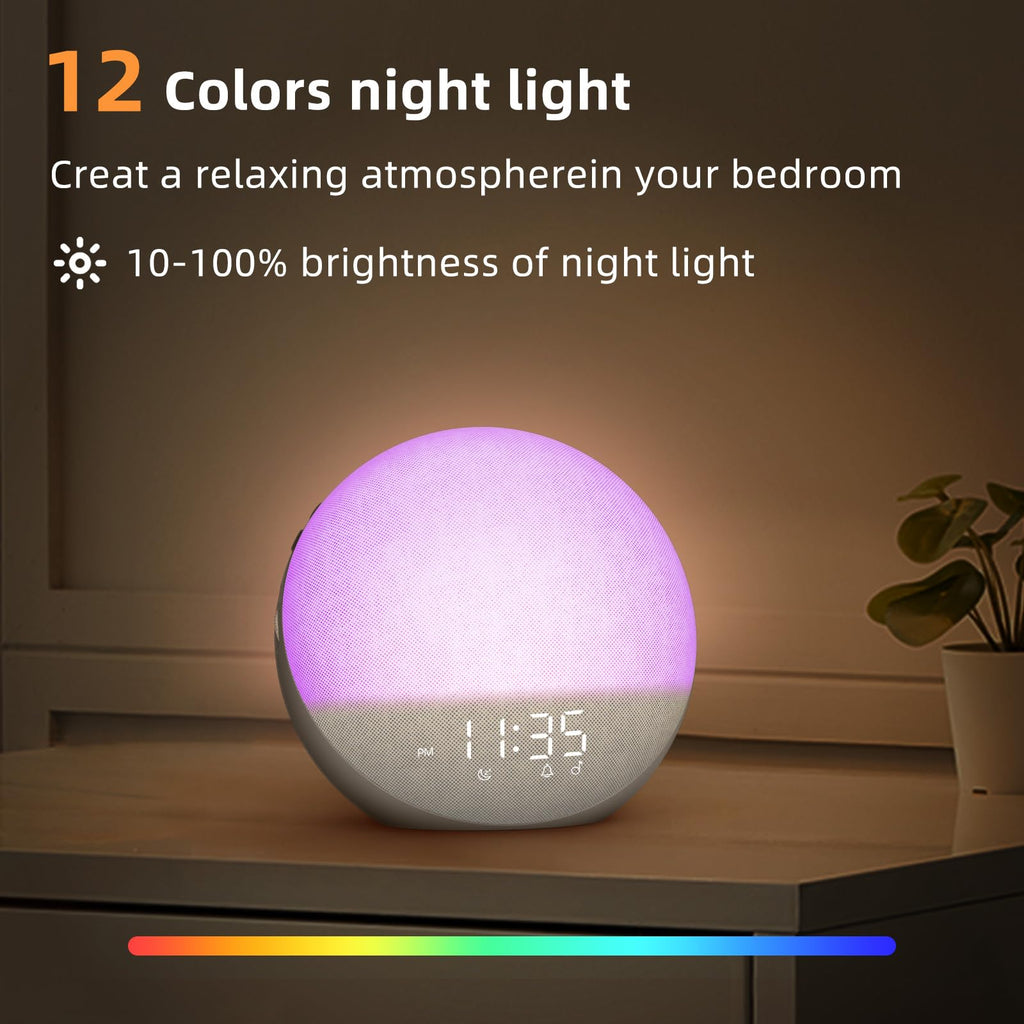 Sunrise Alarm Clock White Noise Machine: Natural Wake Up Light - Dimmable Clock with Bluetooth Speaker for Bedroom - 25 Sleep Sounds for Baby Adults Kids Putty