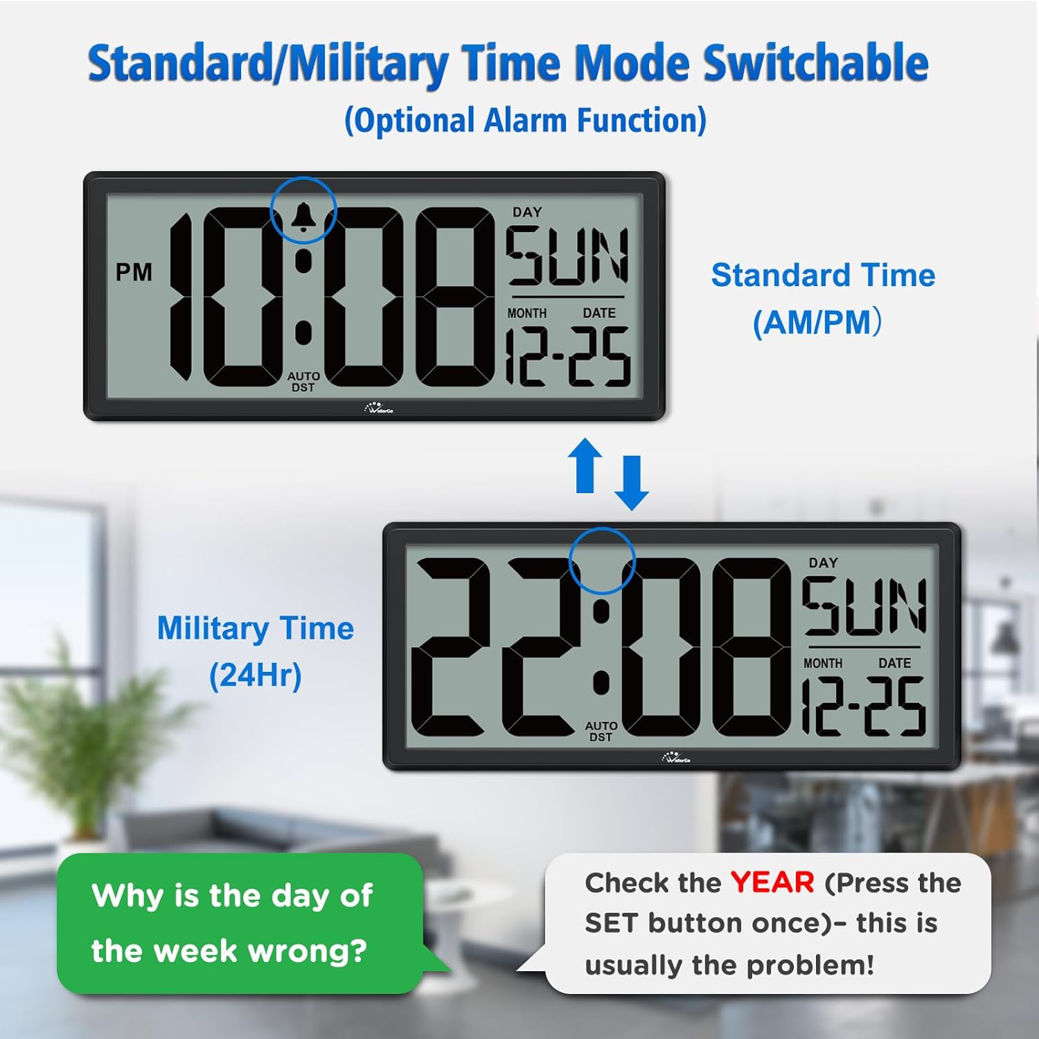 WallarGe 14.5'' Large Digital Wall Clock Battery Operated with Jumbo Numbers, Temperature and Date - Easy to Read and Set, Auto DST