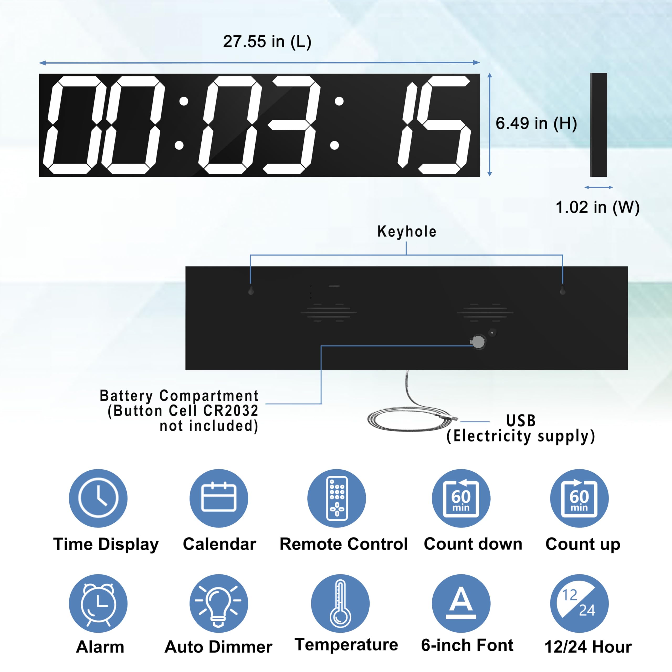 CHKOSDA Digital Wall Clock, Oversize Led Digital Clock Large Display with Auto Dimmer, Huge Countdown Timer with Remote Control, 27" Wide Display, 6 Digits, Wall Mount, Date and Temperature(Ice Blue)