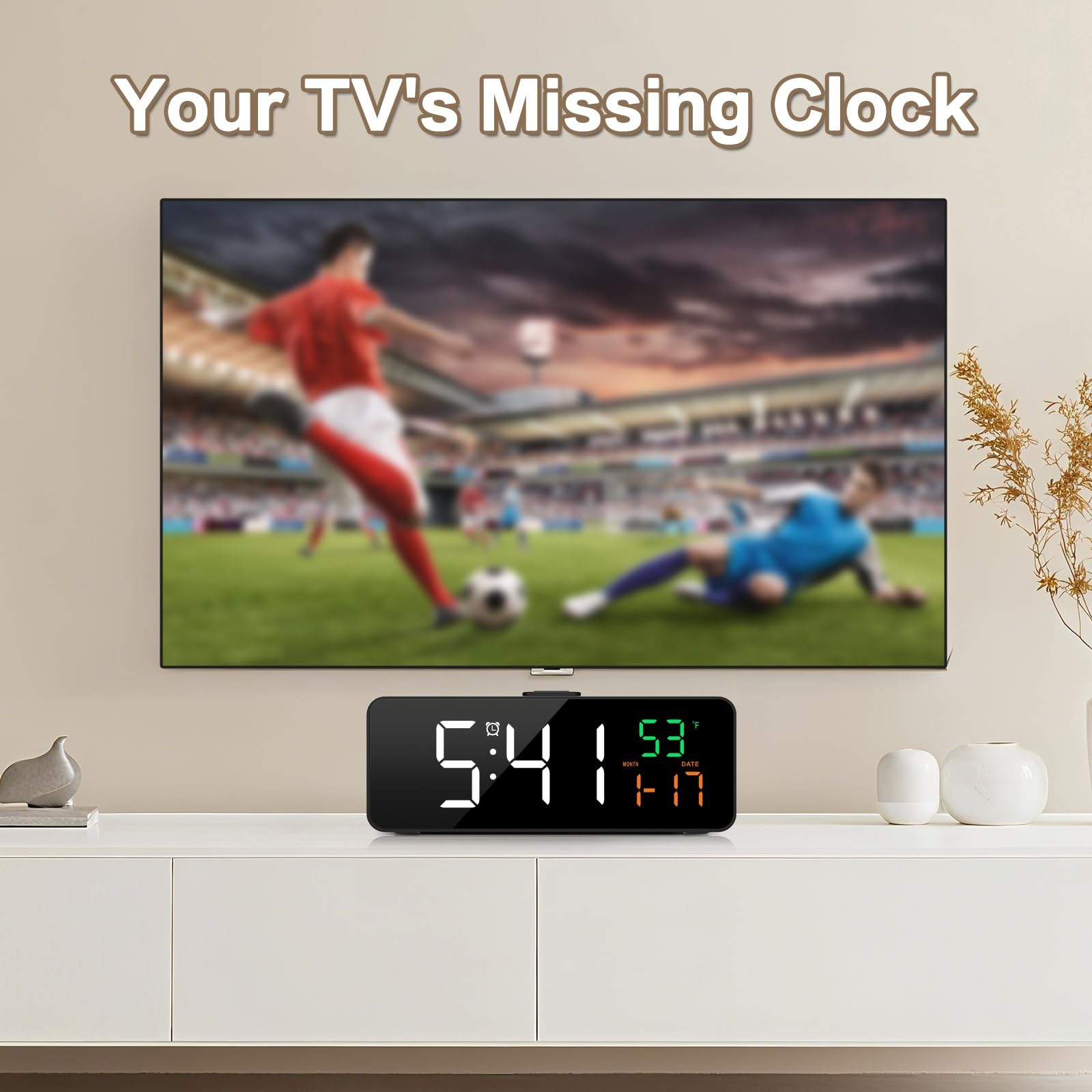 Netzu 3-in-1 Digital Clocks for Living Room with Temperature, Date & Time Display - 4 Levels Birghtness, 3 Volumes, Small & Compact Plug-in Alarm Clock for Bedroom, Office (Black)