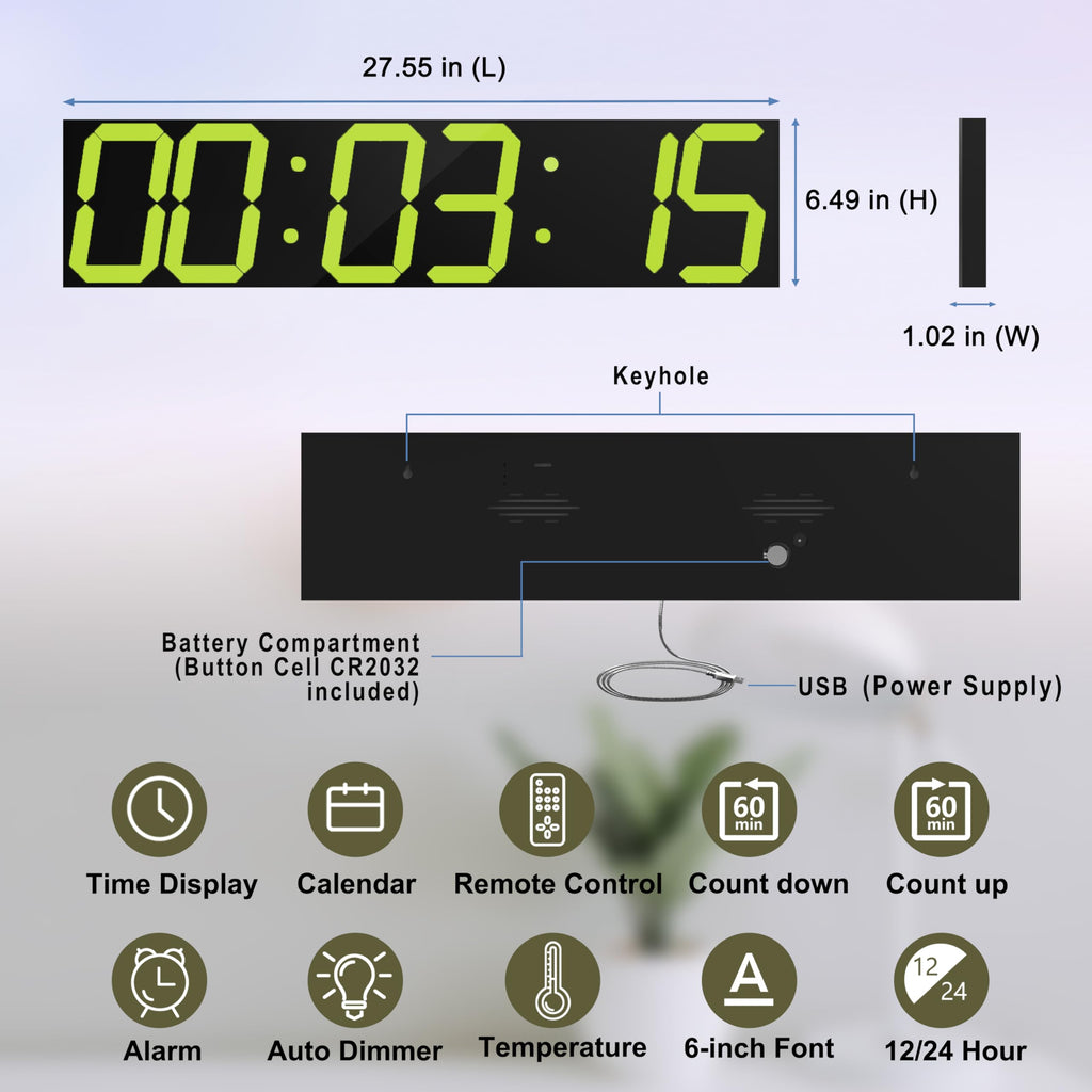 CHKOSDA Digital Wall Clock, Oversize Led Digital Clock Large Display with Auto Dimmer, Huge Countdown Timer with Remote Control, 27" Wide Display, 6 Digits, Wall Mount, Date and Temperature(Ice Blue)