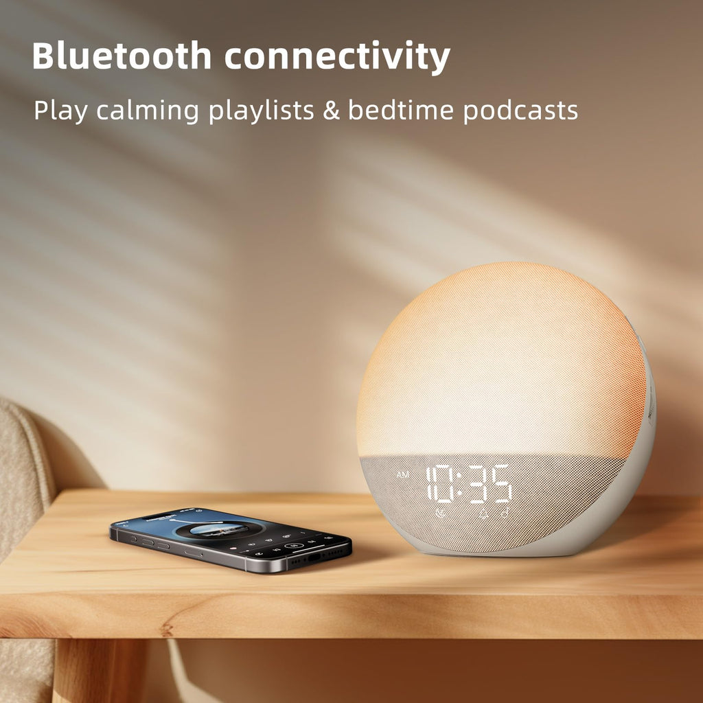Sunrise Alarm Clock White Noise Machine: Natural Wake Up Light - Dimmable Clock with Bluetooth Speaker for Bedroom - 25 Sleep Sounds for Baby Adults Kids Putty