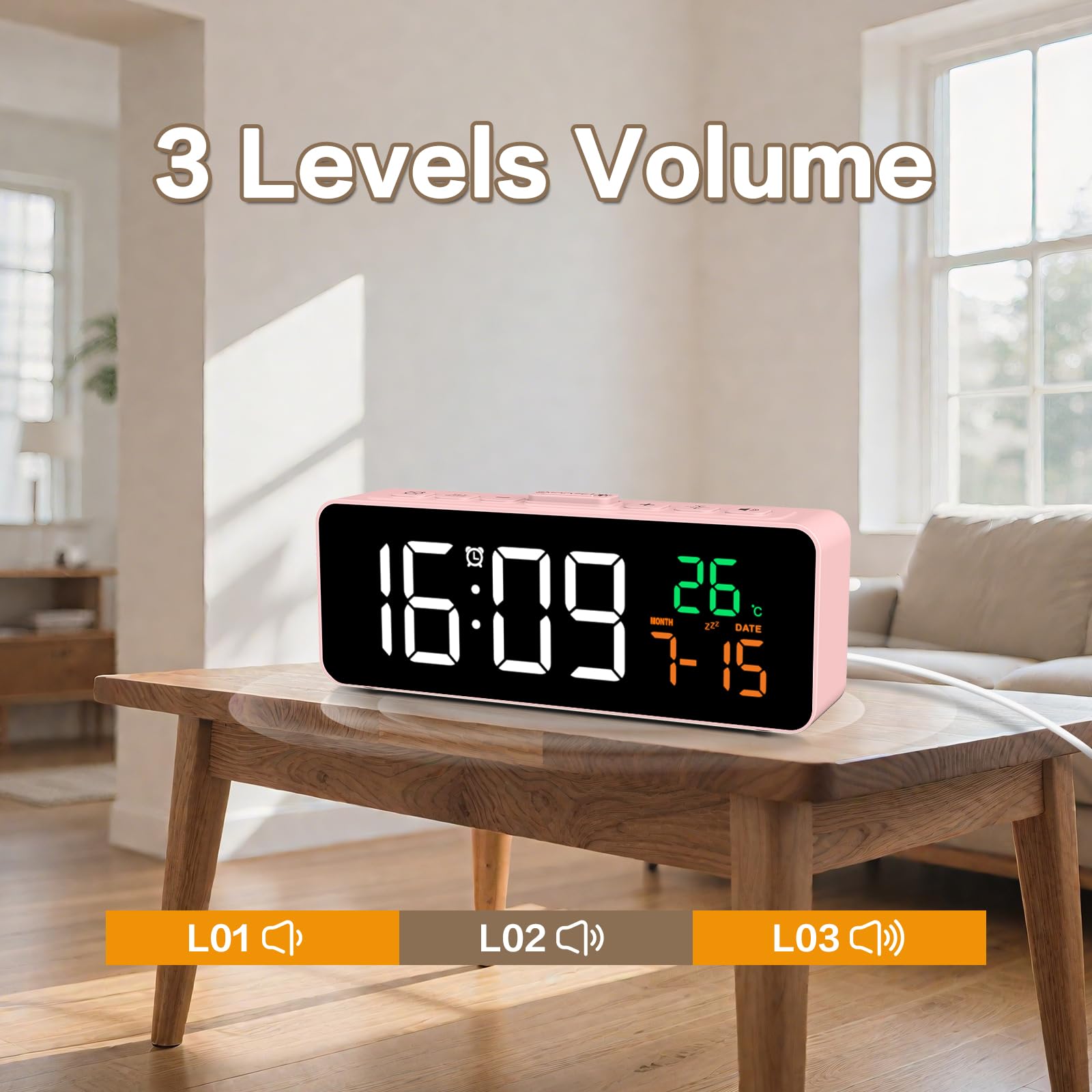 Netzu 3-in-1 Digital Clocks for Living Room with Temperature, Date & Time Display - 4 Levels Birghtness, 3 Volumes, Small & Compact Plug-in Alarm Clock for Bedroom, Office (Black)