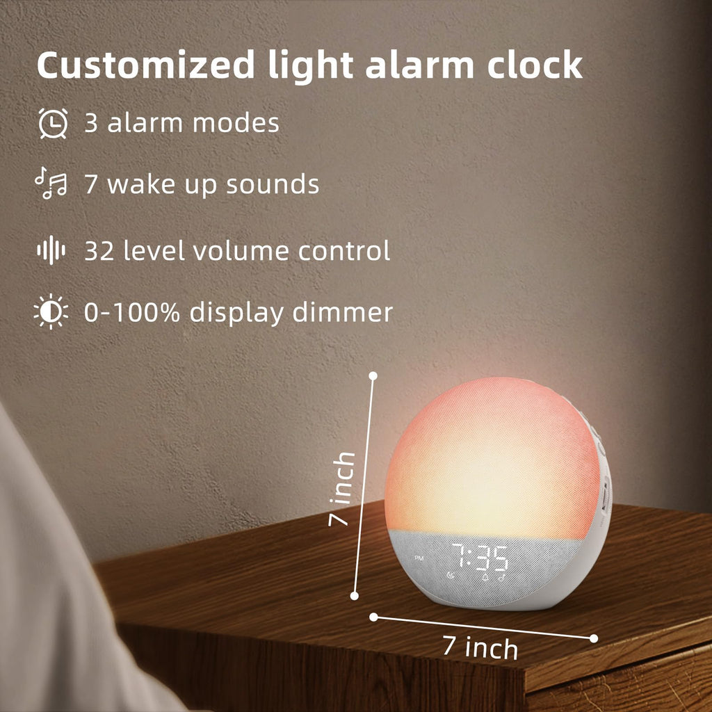 Sunrise Alarm Clock White Noise Machine: Natural Wake Up Light - Dimmable Clock with Bluetooth Speaker for Bedroom - 25 Sleep Sounds for Baby Adults Kids Putty